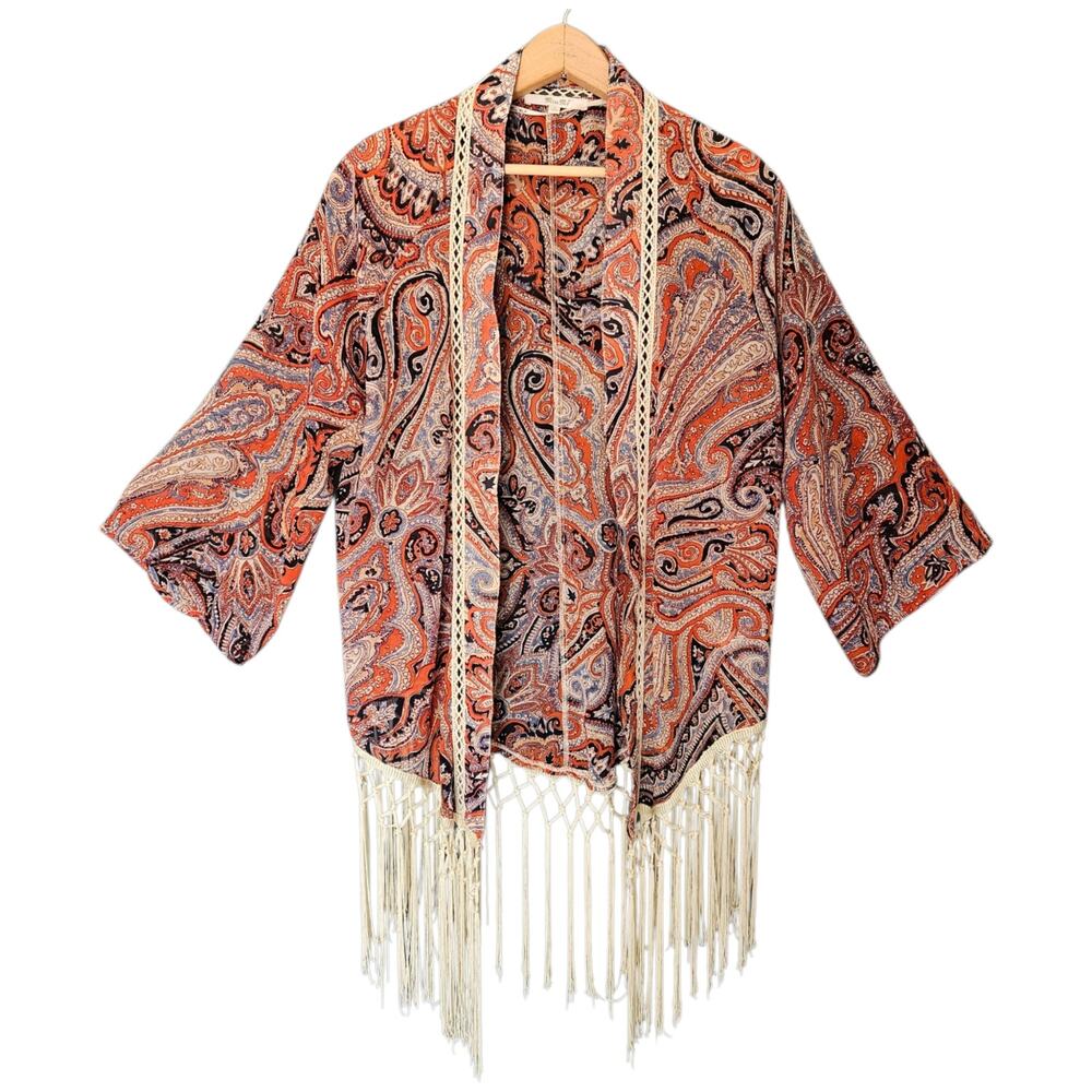 Miss Me Boho Style Paisley Print Open Front Cardigan Fringe Hem Festival Small - Picture 2 of 14